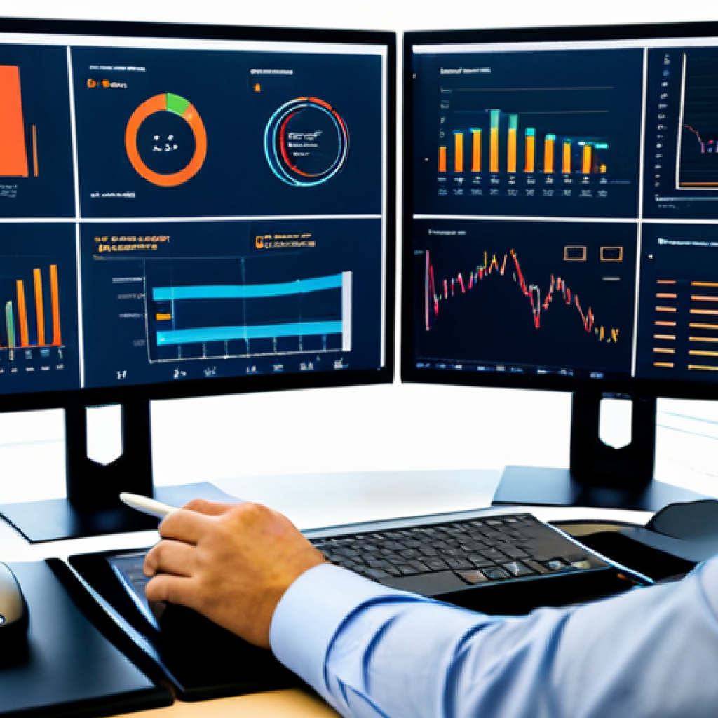 A professional media planner, a person of diverse background, fully clothed in a modest business suit, sitting focused at a modern office desk. Multiple high-resolution screens display complex data visualizations, charts, and analytics dashboards, illustrating customer insights and KPIs. The individual is holding a stylus or pointing to a screen, reflecting deep concentration and analytical thought. The office is clean, well-lit, with a high-tech, contemporary feel, emphasizing strategic decision-making based on data. perfect anatomy, correct proportions, natural pose, well-formed hands, proper finger count, natural body proportions, safe for work, appropriate content, professional.