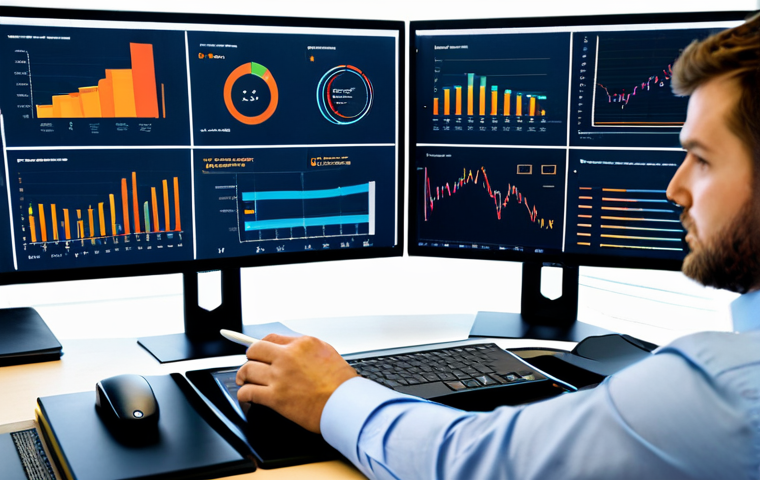 A professional media planner, a person of diverse background, fully clothed in a modest business suit, sitting focused at a modern office desk. Multiple high-resolution screens display complex data visualizations, charts, and analytics dashboards, illustrating customer insights and KPIs. The individual is holding a stylus or pointing to a screen, reflecting deep concentration and analytical thought. The office is clean, well-lit, with a high-tech, contemporary feel, emphasizing strategic decision-making based on data. perfect anatomy, correct proportions, natural pose, well-formed hands, proper finger count, natural body proportions, safe for work, appropriate content, professional.