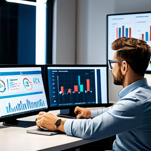 A professional media planner, fully clothed in smart casual office attire, sitting at a clean desk surrounded by multiple monitors displaying data dashboards and creative campaign mockups. Soft, diffused lighting. "safe for work", "appropriate content", "fully clothed", "professional", "perfect anatomy", "correct proportions", "well-formed hands", "proper finger count", "natural pose".