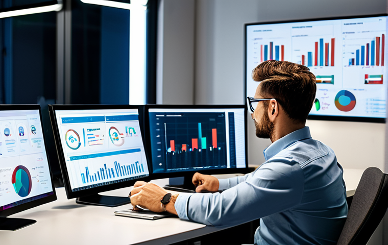 A professional media planner, fully clothed in smart casual office attire, sitting at a clean desk surrounded by multiple monitors displaying data dashboards and creative campaign mockups. Soft, diffused lighting. "safe for work", "appropriate content", "fully clothed", "professional", "perfect anatomy", "correct proportions", "well-formed hands", "proper finger count", "natural pose".