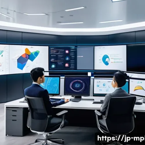 미디어 플래너가 주목해야 할 신기술 - A modern digital marketing office scene featuring a diverse Japanese team collaborating around multi...