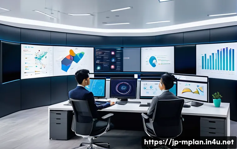 미디어 플래너가 주목해야 할 신기술 - A modern digital marketing office scene featuring a diverse Japanese team collaborating around multi...