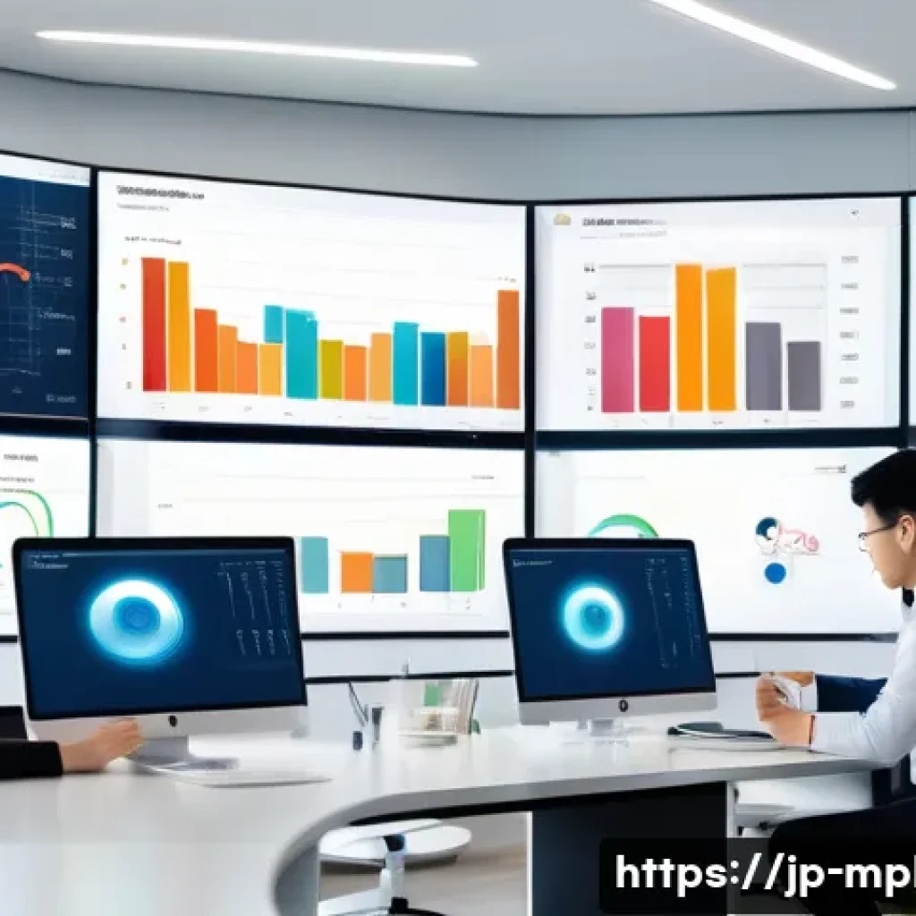 미디어 플래너의 CPA CPM CTR 이해 - A modern digital marketing office scene featuring a diverse team of Japanese professionals analyzing...