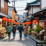 미디어 플래너의 지역 타겟팅 전략 - A vibrant local Japanese shopping street scene during daytime, featuring friendly shop owners engagi...
