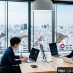 미디어 플래너와 퍼포먼스 마케팅 사례 - A modern digital marketing office scene in Tokyo, featuring a diverse team of young professionals an...