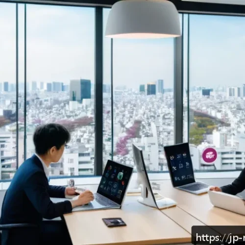 미디어 플래너와 퍼포먼스 마케팅 사례 - A modern digital marketing office scene in Tokyo, featuring a diverse team of young professionals an...